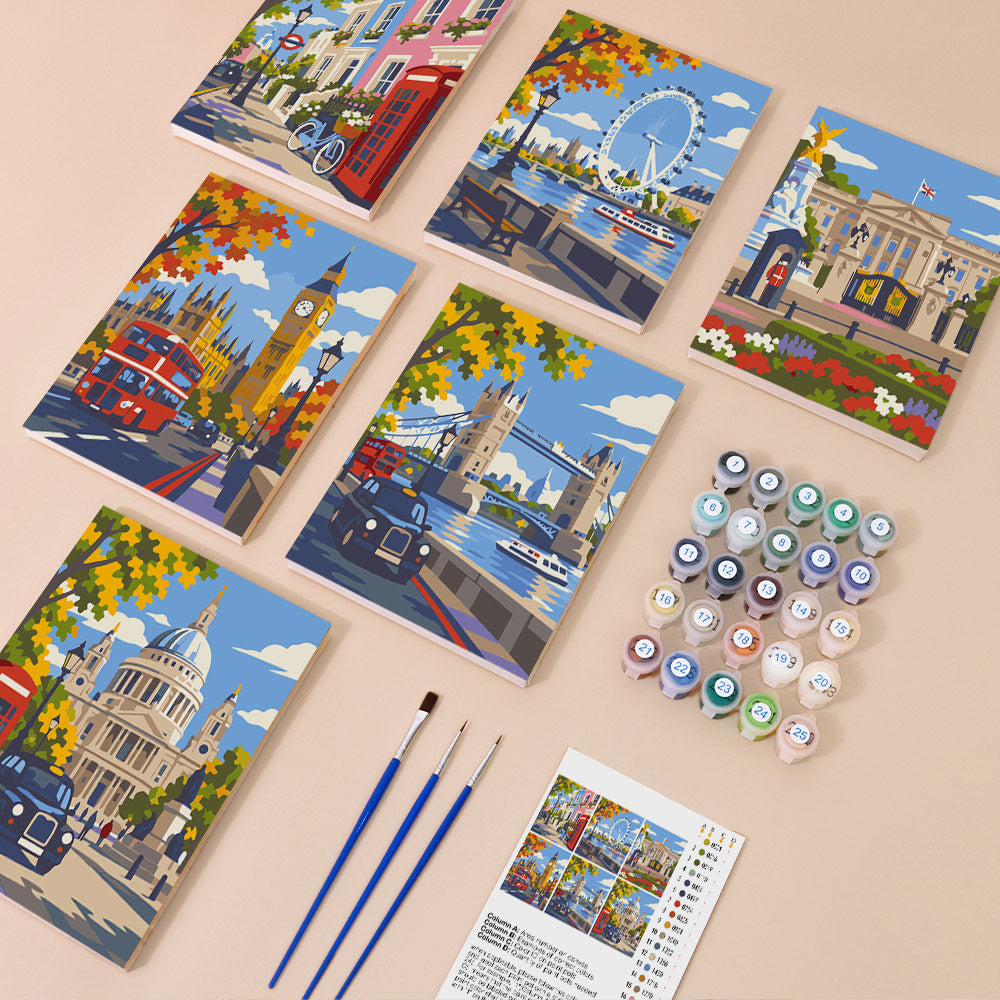 London Days mini paint by numbers kit with six numbered canvases, acrylic paints, brushes and layout