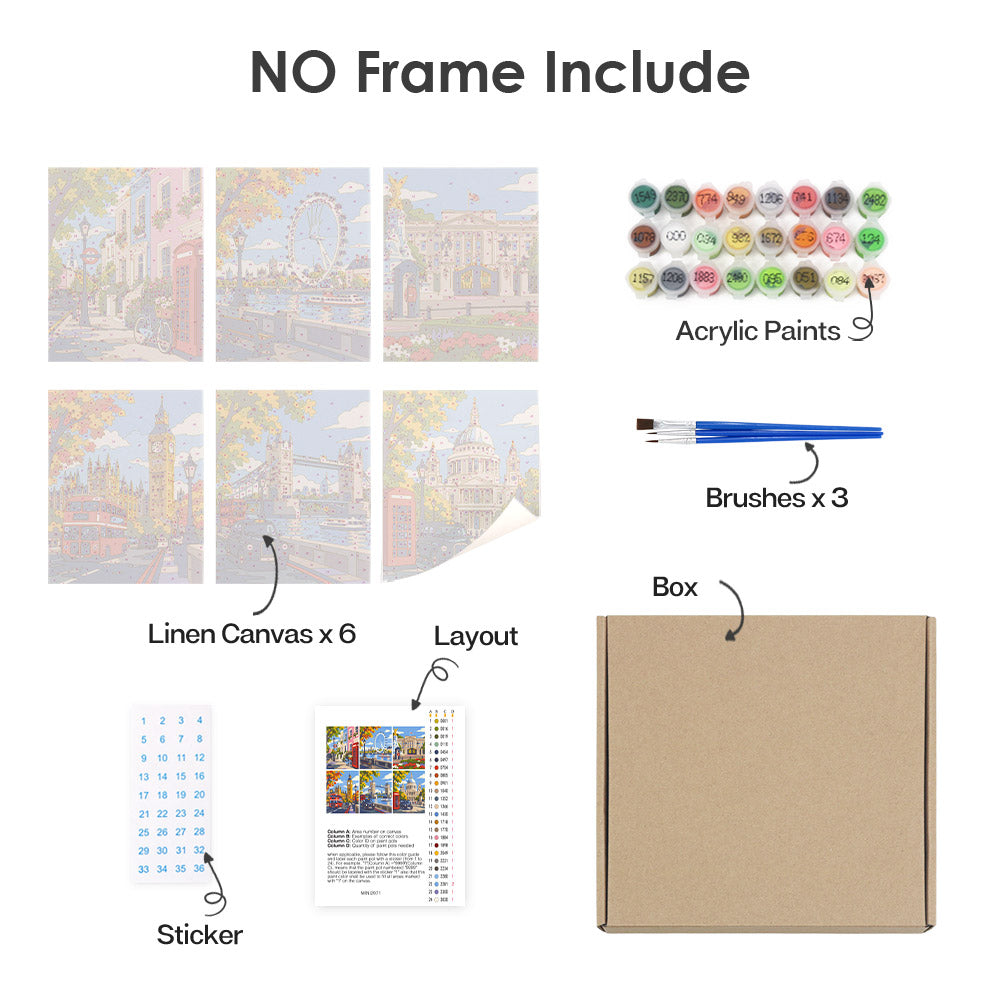 What's included without a frame: six rolled London Days mini canvases, acrylic paints, three brushes and layout
