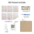 What's included without a frame: six rolled London Days mini canvases, acrylic paints, three brushes and layout