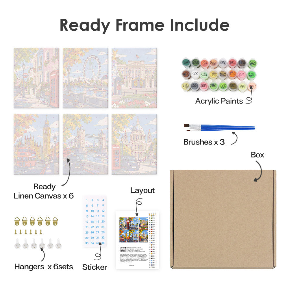 What's included pre-stretched on frame: six framed London Days mini canvases, paints, three brushes, hangers and layout