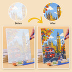 Before and after of a London Days mini paint by numbers canvas