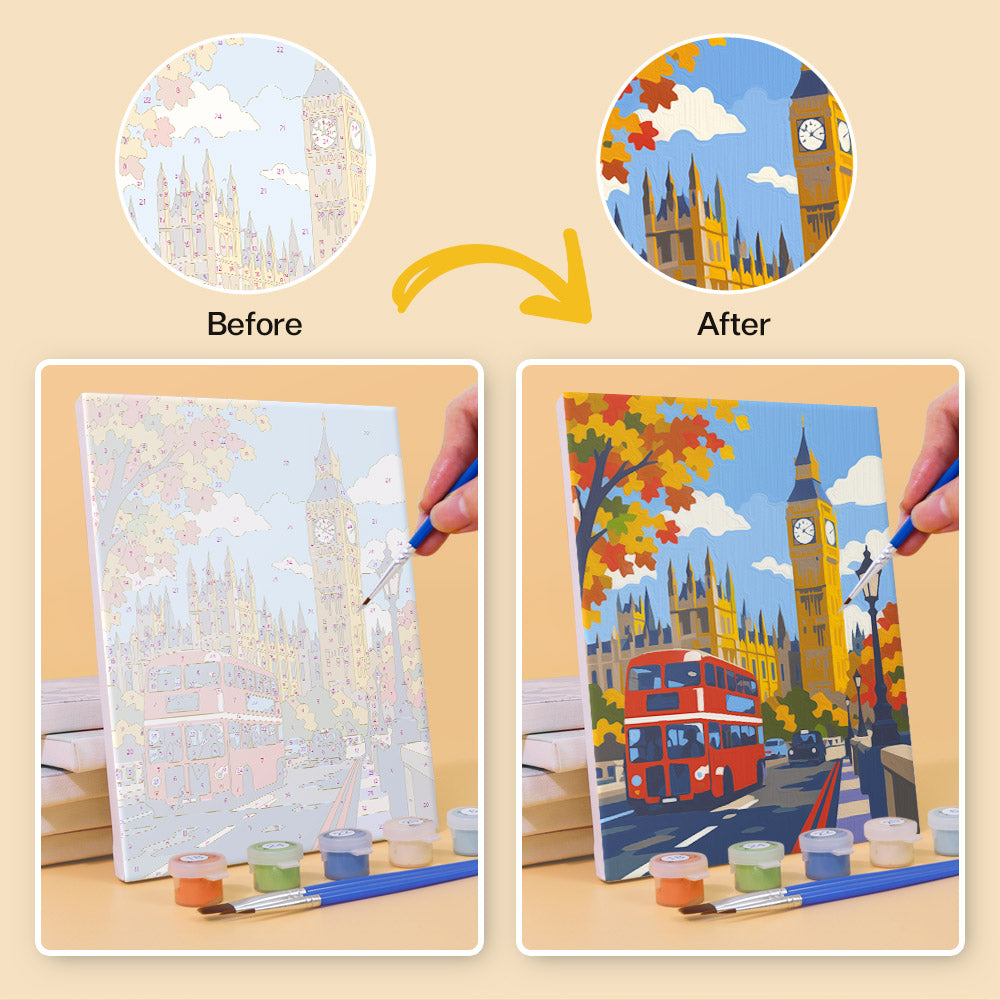 Before and after of a London Days mini paint by numbers canvas