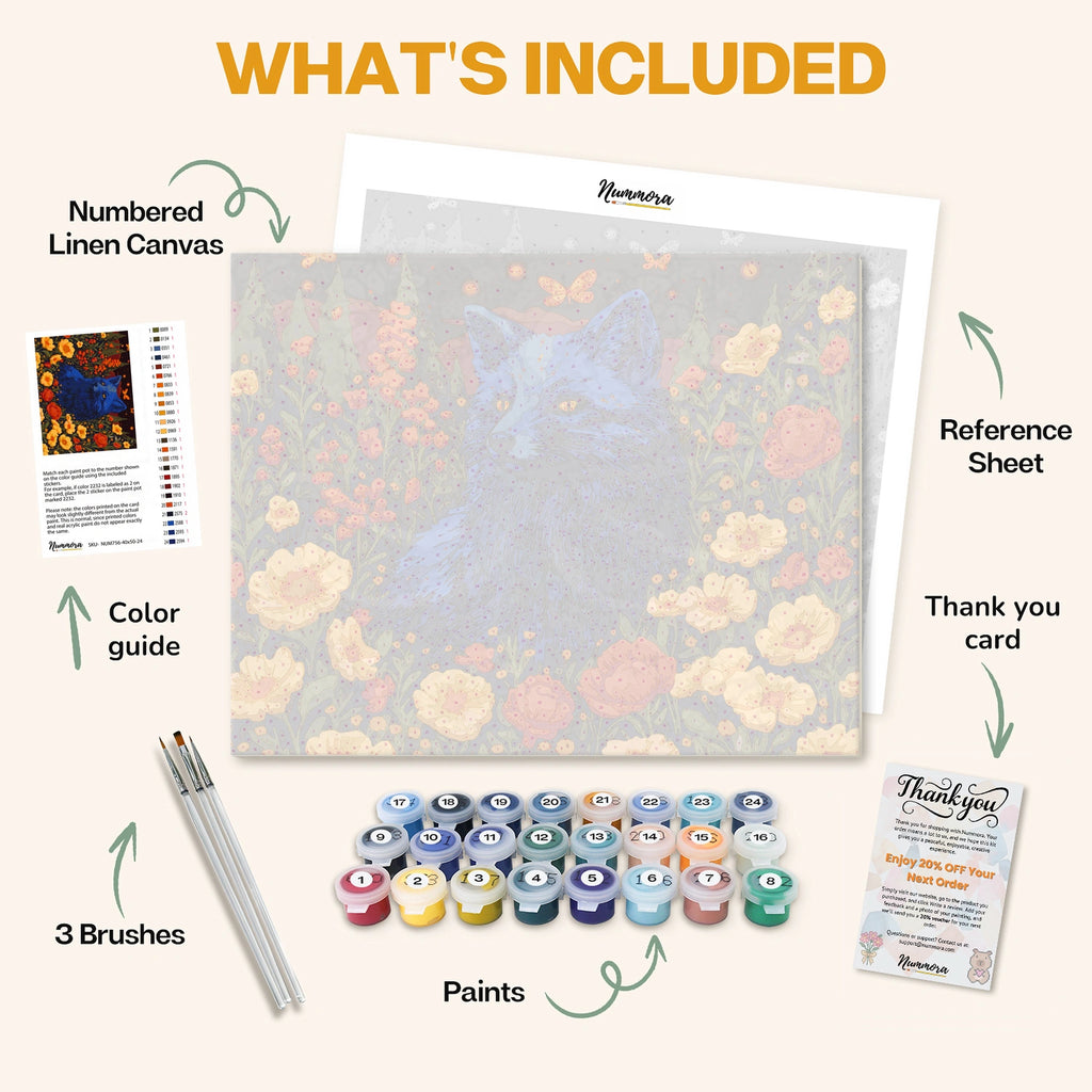 What's included in the Lone Spirit paint by numbers kit: numbered linen canvas, reference sheet, color guide, 24 acrylic paints, 3 brushes and thank you card