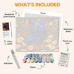 What's included in the Lone Spirit paint by numbers kit: numbered linen canvas, reference sheet, color guide, 24 acrylic paints, 3 brushes and thank you card