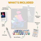 What's included in the Lost in the Stars paint by numbers kit: numbered linen canvas, reference sheet, color guide, 24 acrylic paints, 3 brushes and thank you card