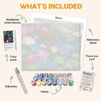 What's included in the Lotus Awakening paint by numbers kit: numbered linen canvas, reference sheet, color guide, 24 acrylic paints, 3 brushes and thank you card