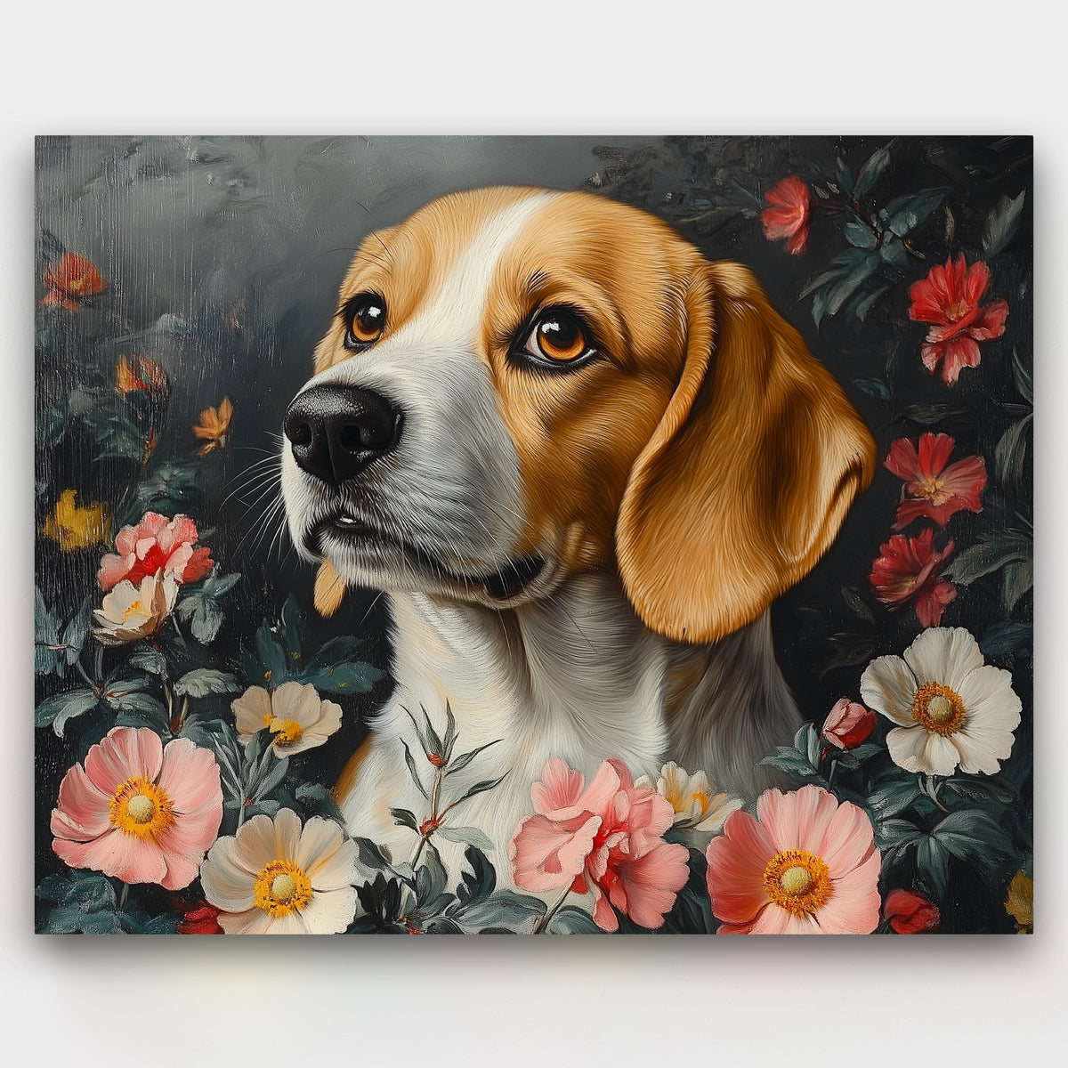 Painting of a dog surrounded by flowers on a dark background