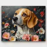 Painting of a dog surrounded by flowers on a dark background