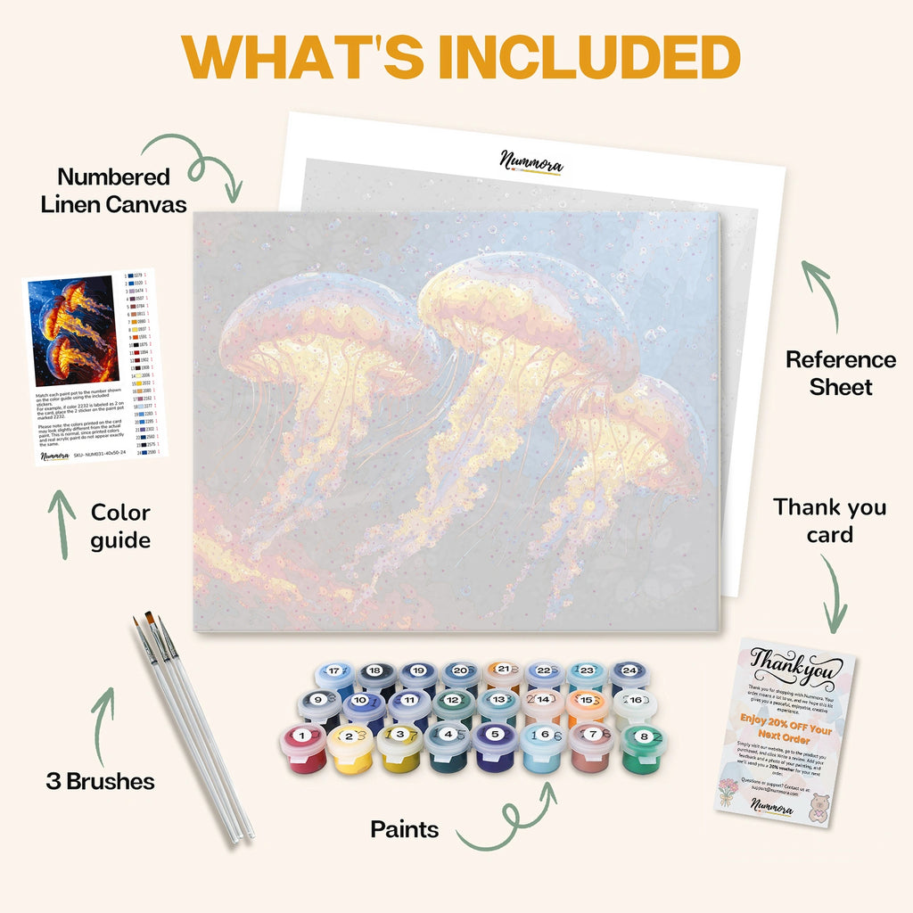 What's included in the Luminescent Dancers paint by numbers kit: numbered linen canvas, reference sheet, color guide, 24 acrylic paints, 3 brushes and thank you card
