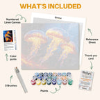 What's included in the Luminescent Dancers paint by numbers kit: numbered linen canvas, reference sheet, color guide, 24 acrylic paints, 3 brushes and thank you card