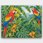 Macaws in the Banana Grove paint by numbers kit of scarlet macaws and green parrots among banana leaves and orange blossoms
