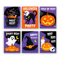 Magic Night Party mini paint by numbers set: six bold Halloween party posters with a cauldron, black cat, jack-o'-lantern, ghost, witch hat and candle