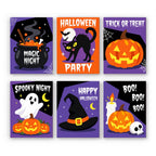 Magic Night Party mini paint by numbers set: six bold Halloween party posters with a cauldron, black cat, jack-o'-lantern, ghost, witch hat and candle
