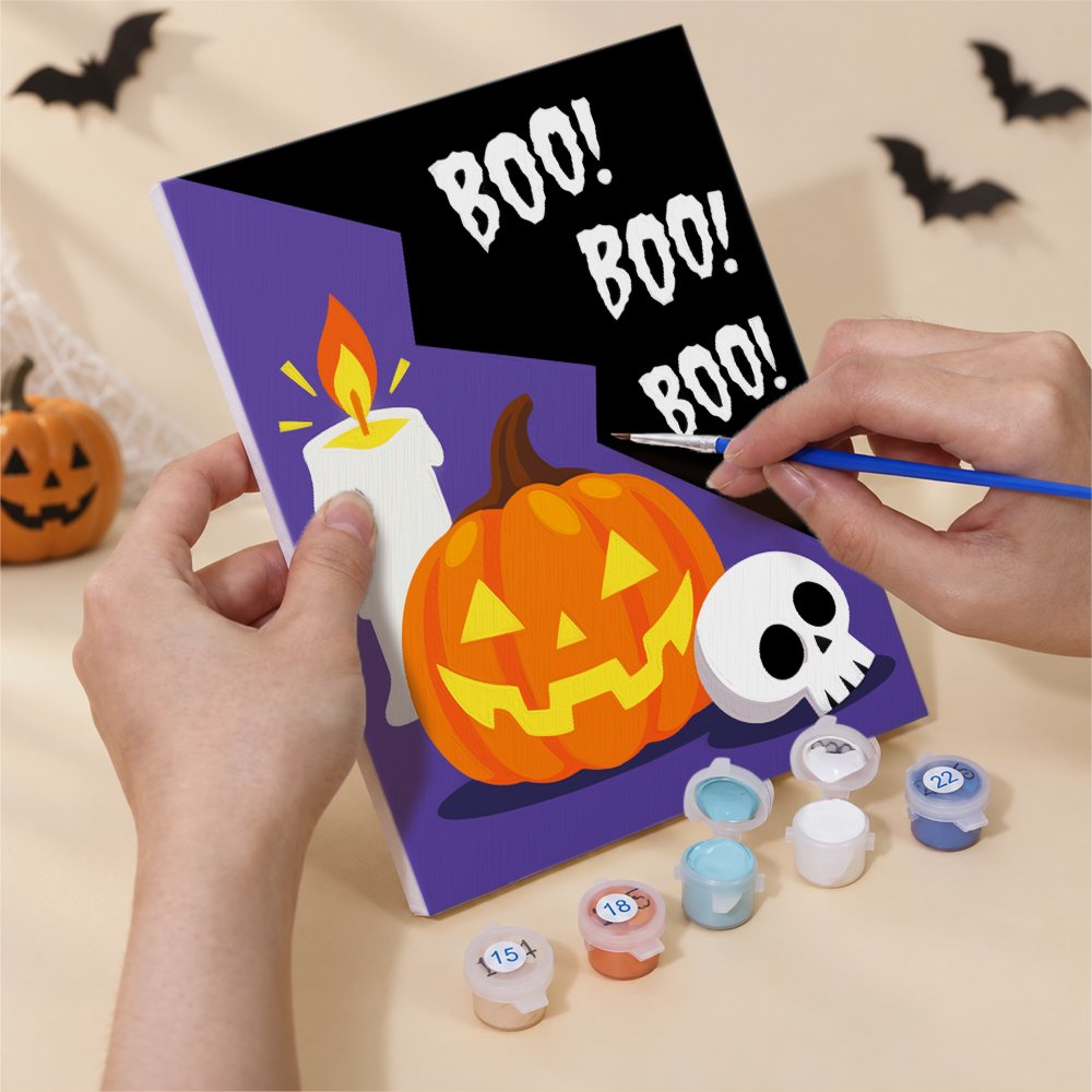 Numbered paint pots and brushes on a pre-stretched Magic Night Party mini canvas