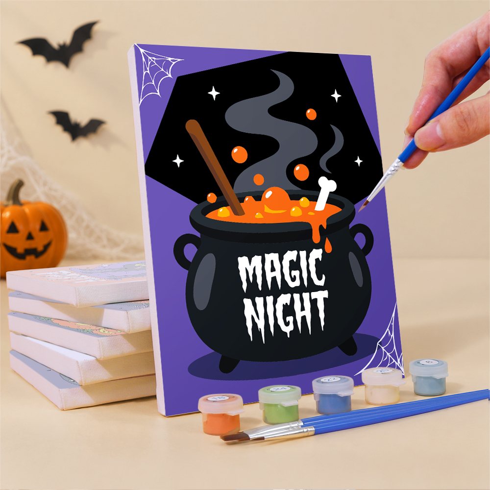 What's included pre-stretched on frame: six framed Magic Night Party mini canvases, paints, three brushes, hangers and layout