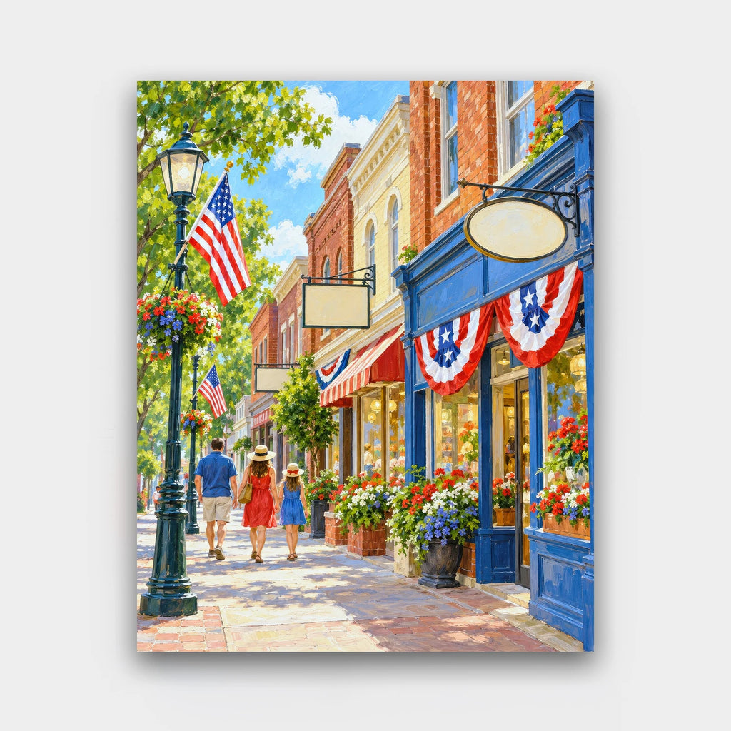 Main Street on the Fourth paint by numbers kit of a small-town main street with brick shops, American flags and red, white and blue bunting