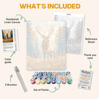 What's included in the Majestic Elk in Autumn paint by numbers kit: numbered linen canvas, reference sheet, color guide, 24 acrylic paints, 3 brushes and thank you card