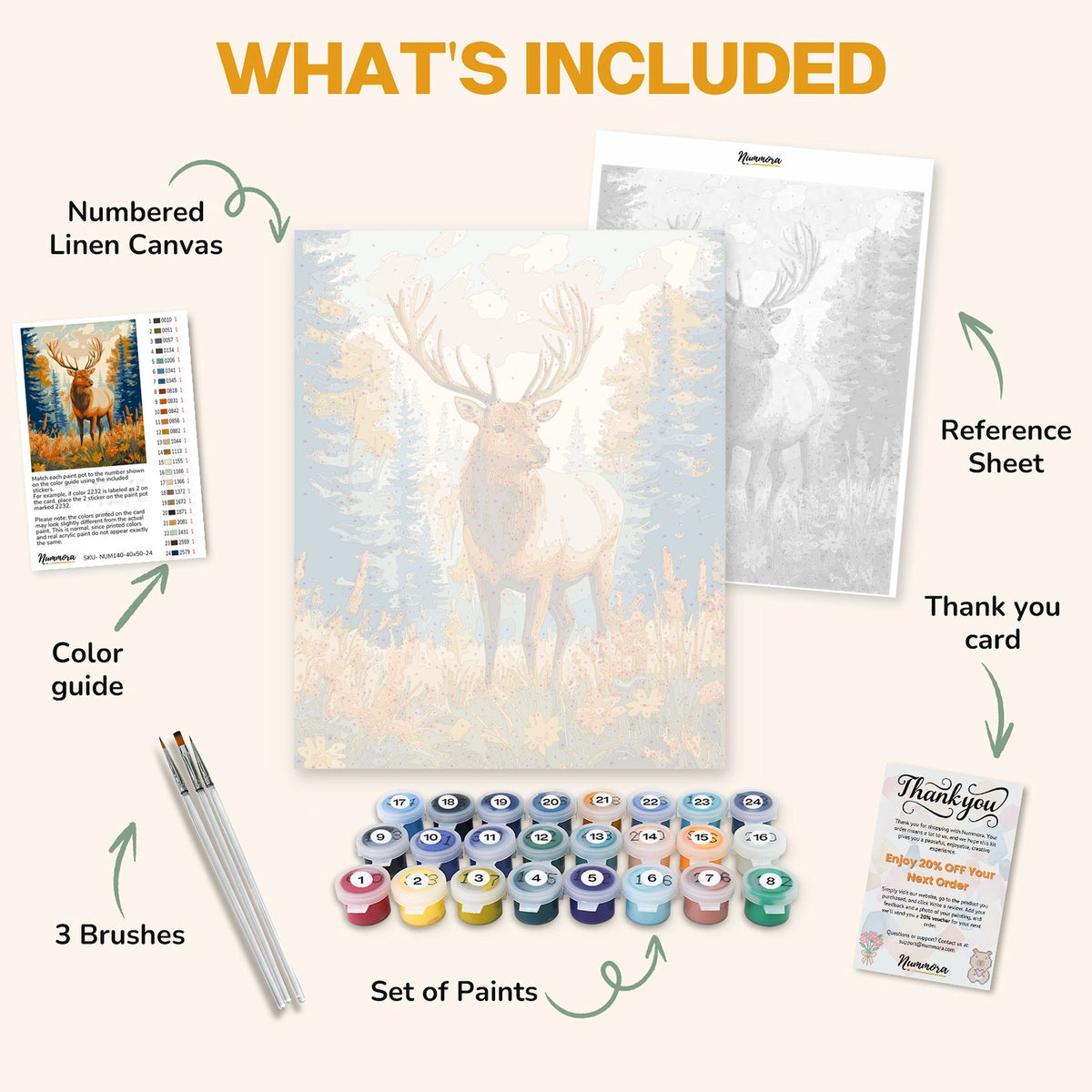 What's included in the Majestic Elk in Autumn paint by numbers kit: numbered linen canvas, reference sheet, color guide, 24 acrylic paints, 3 brushes and thank you card