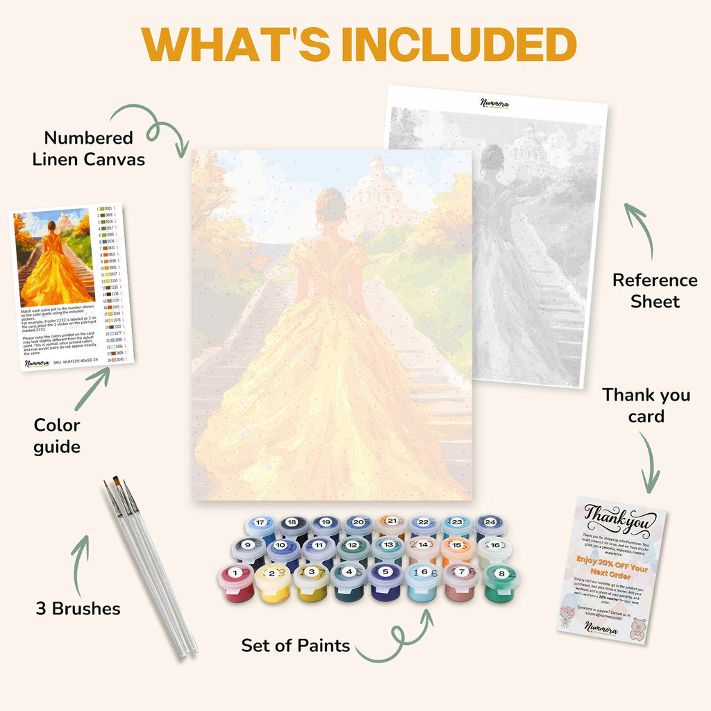 What's included in the Majestic Path paint by numbers kit: numbered linen canvas, reference sheet, color guide, 24 acrylic paints, 3 brushes and thank you card