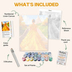 What's included in the Majestic Path paint by numbers kit: numbered linen canvas, reference sheet, color guide, 24 acrylic paints, 3 brushes and thank you card