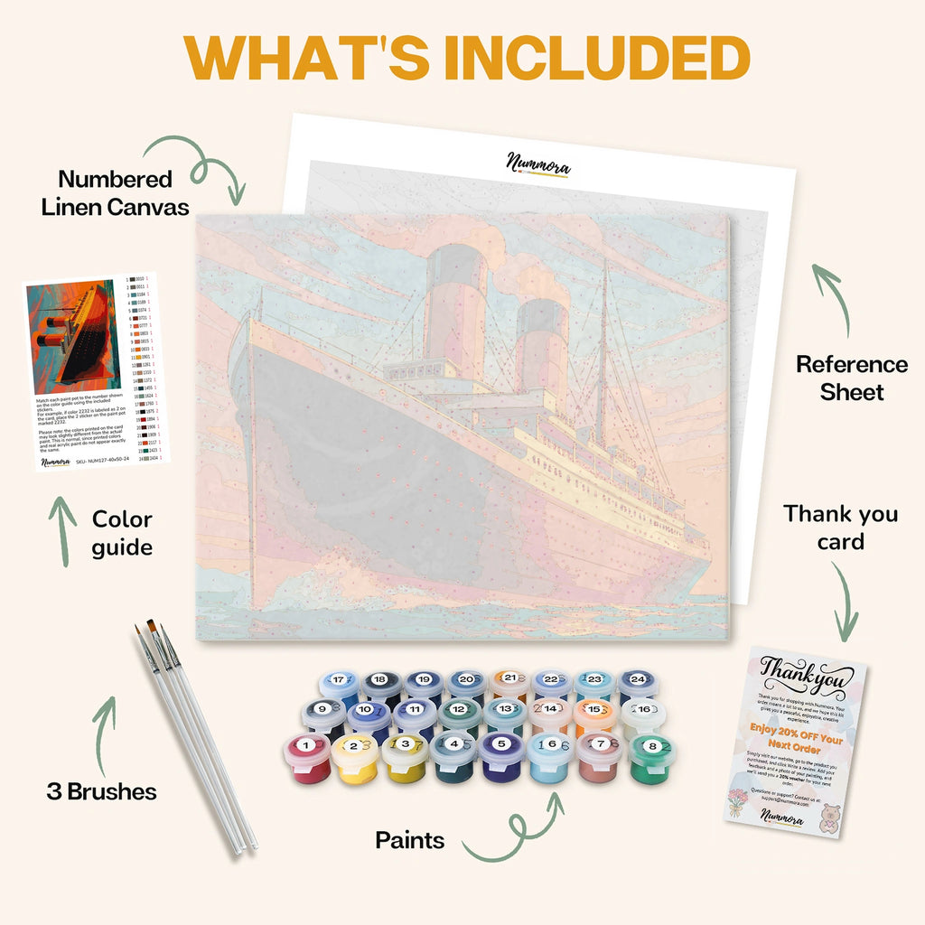 What's included in the Majestic River Queen paint by numbers kit: numbered linen canvas, reference sheet, color guide, 24 acrylic paints, 3 brushes and thank you card