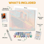 What's included in the Majestic River Queen paint by numbers kit: numbered linen canvas, reference sheet, color guide, 24 acrylic paints, 3 brushes and thank you card