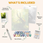 What's included in the Majestic Stag Beetle paint by numbers kit: numbered linen canvas, reference sheet, color guide, 24 acrylic paints, 3 brushes and thank you card