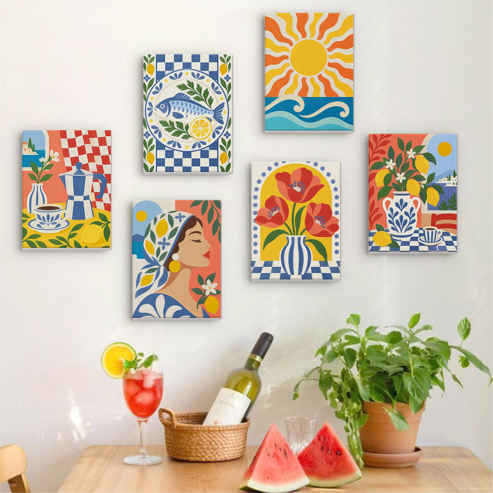 Six finished Majolica Summer mini paintings hung on a wall above a table