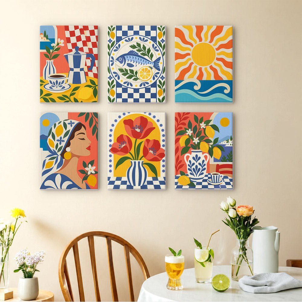 Majolica Summer mini paintings displayed as a gallery wall in a sunny kitchen