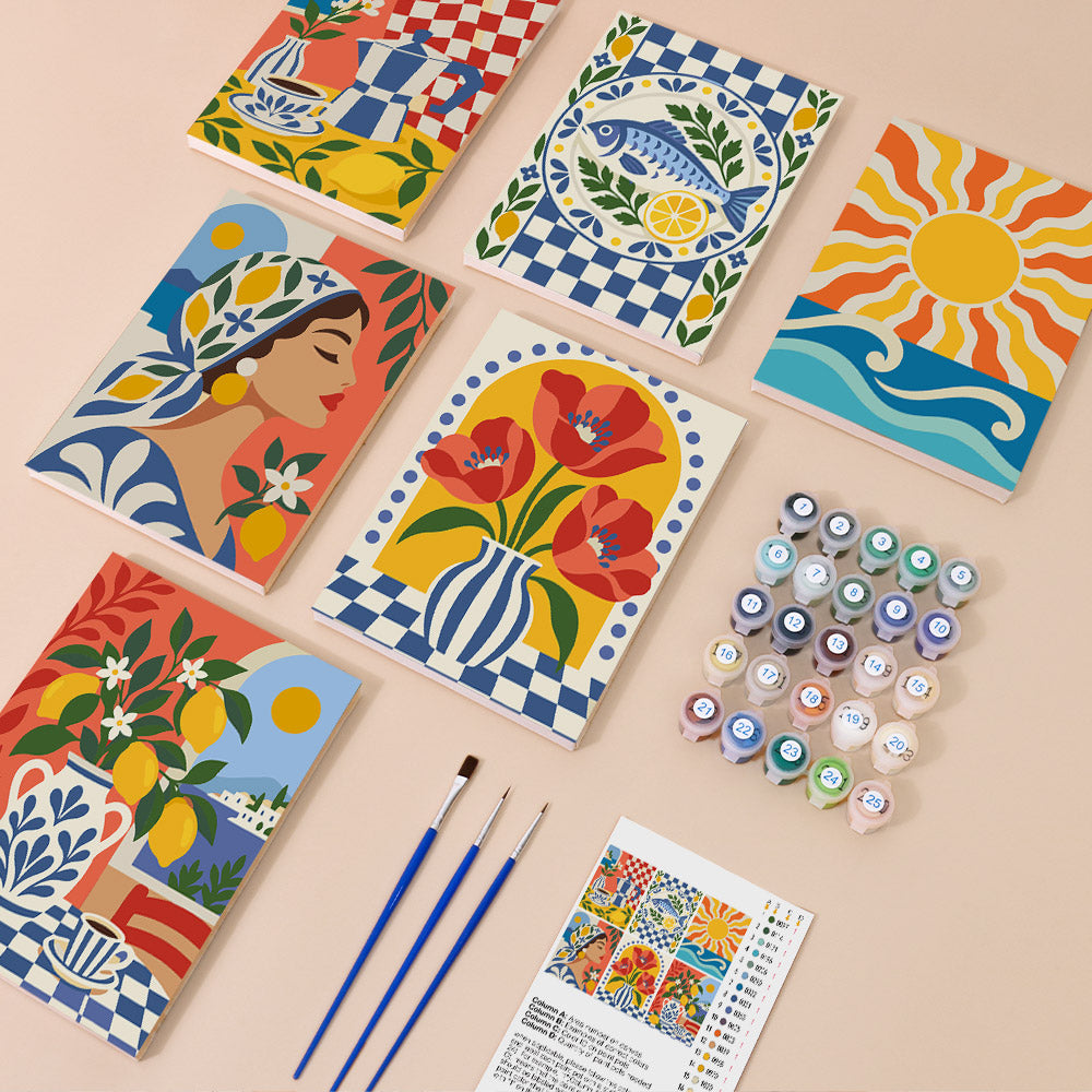 Majolica Summer mini paint by numbers kit with six numbered canvases, acrylic paints, brushes and layout