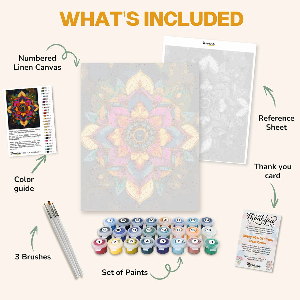 What's included in the Mandala of Vibrance paint by numbers kit: numbered linen canvas, reference sheet, color guide, 24 acrylic paints, 3 brushes and thank you card