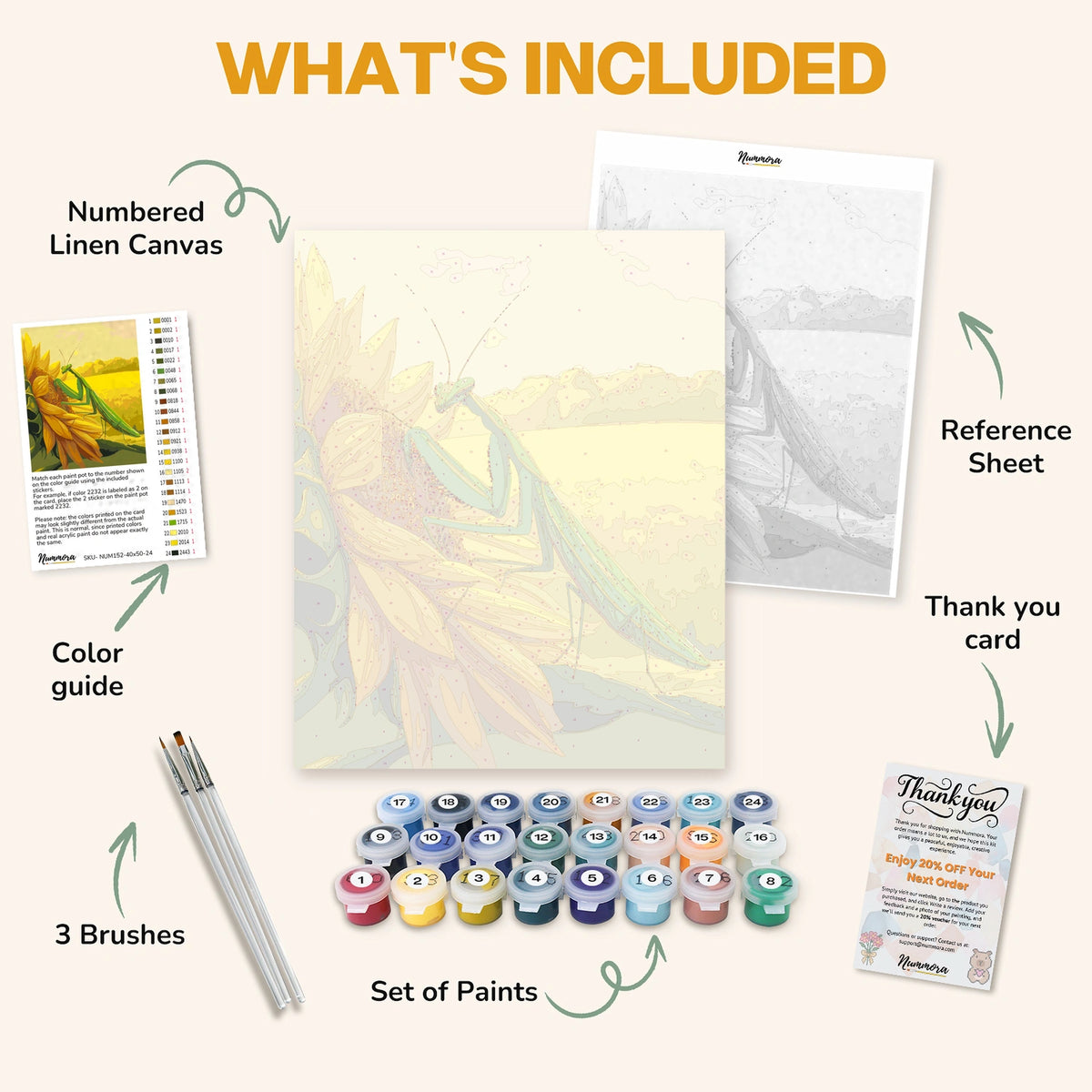 What's included in the Mantis and the Sun paint by numbers kit: numbered linen canvas, reference sheet, color guide, 24 acrylic paints, 3 brushes and thank you card