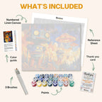 What's included in the March of the Metal Giants paint by numbers kit: numbered linen canvas, reference sheet, color guide, 24 acrylic paints, 3 brushes and thank you card