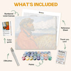 What's included in the Mariner’s Solitude paint by numbers kit: numbered linen canvas, reference sheet, color guide, 24 acrylic paints, 3 brushes and thank you card