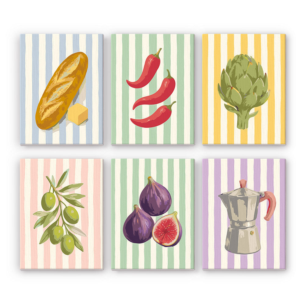Market Stripes mini paint by numbers set: six kitchen still lifes of bread, chilies, artichoke, olives, figs and an espresso pot on stripes