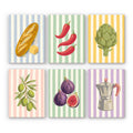 Market Stripes mini paint by numbers set: six kitchen still lifes of bread, chilies, artichoke, olives, figs and an espresso pot on stripes