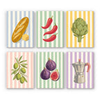 Market Stripes mini paint by numbers set: six kitchen still lifes of bread, chilies, artichoke, olives, figs and an espresso pot on stripes