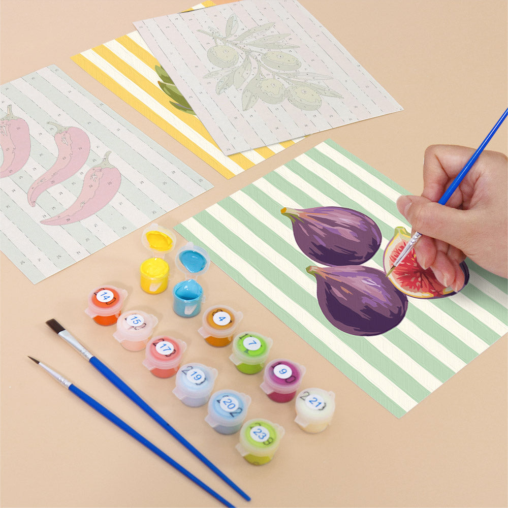 Filling in a Market Stripes mini canvas with numbered acrylic paints and a fine brush