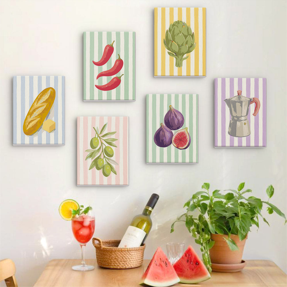 Six finished Market Stripes mini paintings hung on a wall above a table