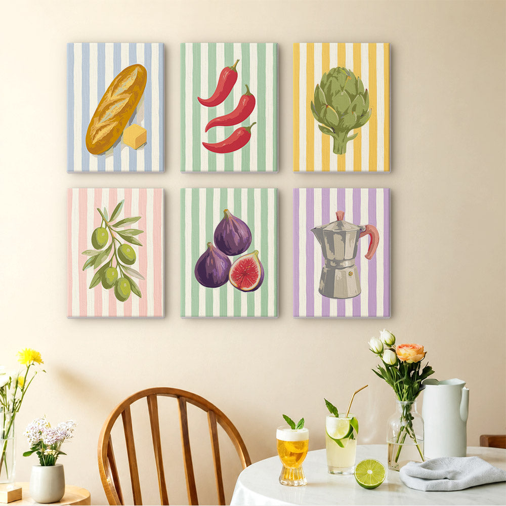 Market Stripes mini paintings displayed as a gallery wall in a sunny kitchen