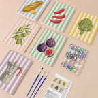 Market Stripes mini paint by numbers kit with six numbered canvases, acrylic paints, brushes and layout