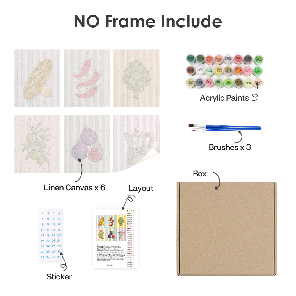 What's included without a frame: six rolled Market Stripes mini canvases, acrylic paints, three brushes and layout