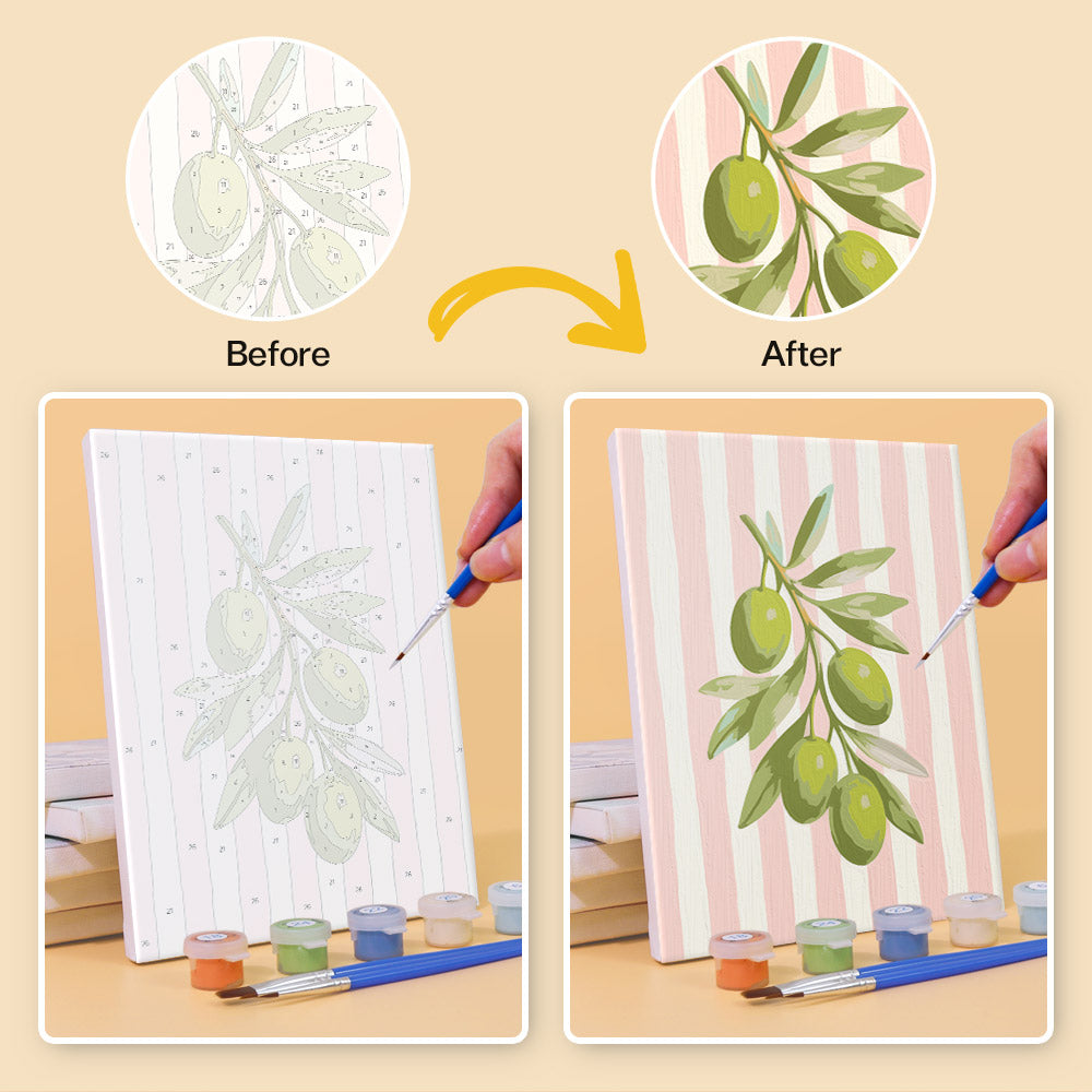 Before and after of a Market Stripes mini paint by numbers canvas