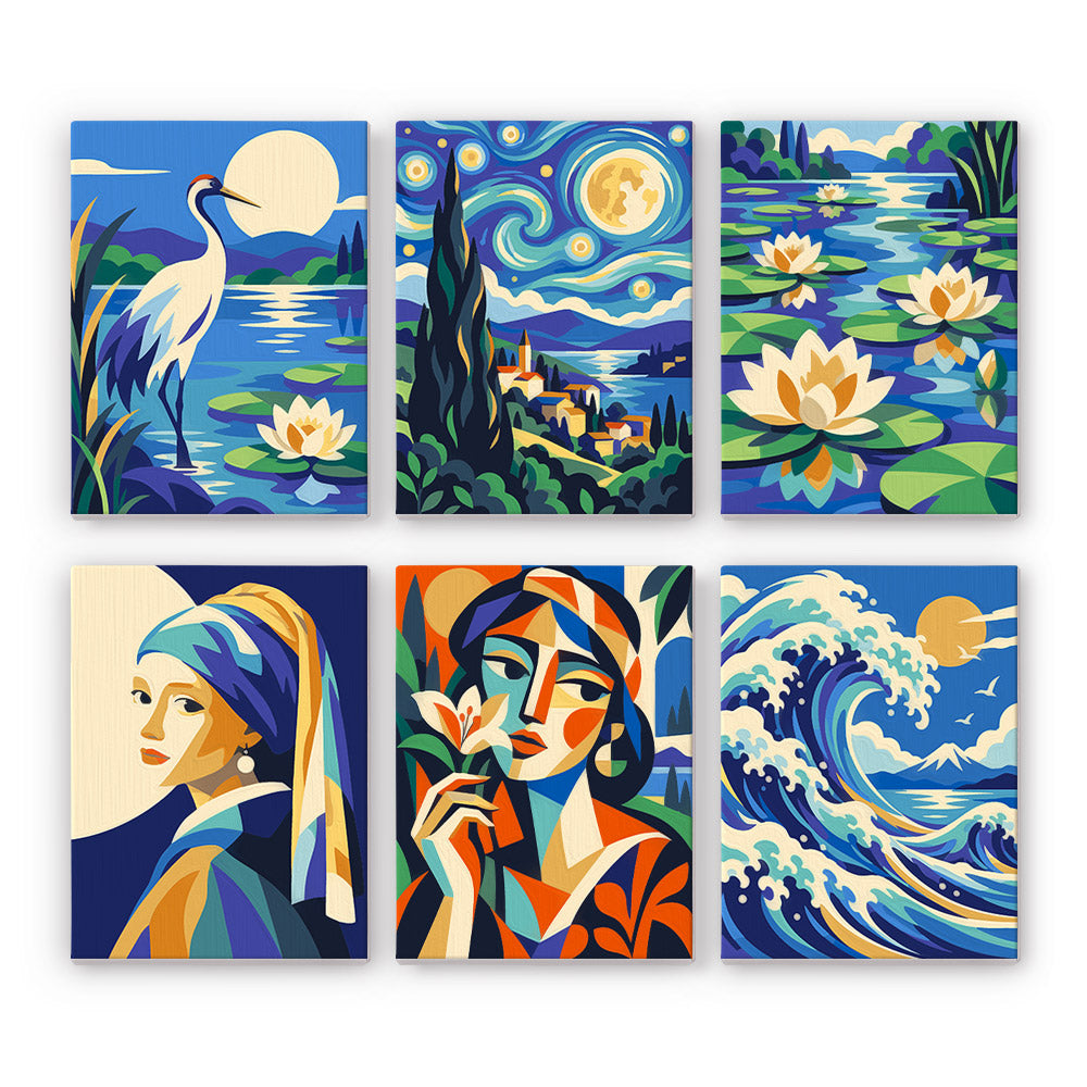 Masterpiece Remix mini paint by numbers set: six famous artworks reimagined, including a starry night, water lilies and the great wave