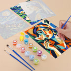 Filling in a Masterpiece Remix mini canvas with numbered acrylic paints and a fine brush