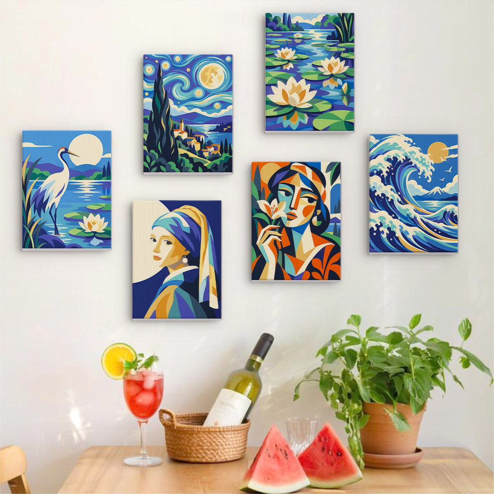 Six finished Masterpiece Remix mini paintings hung on a wall above a table