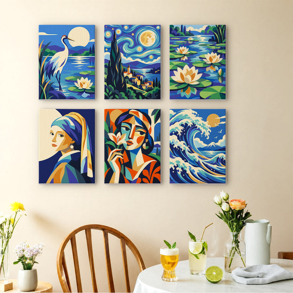 Masterpiece Remix mini paintings displayed as a gallery wall in a sunny kitchen
