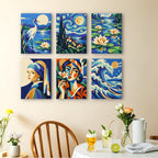Masterpiece Remix mini paintings displayed as a gallery wall in a sunny kitchen