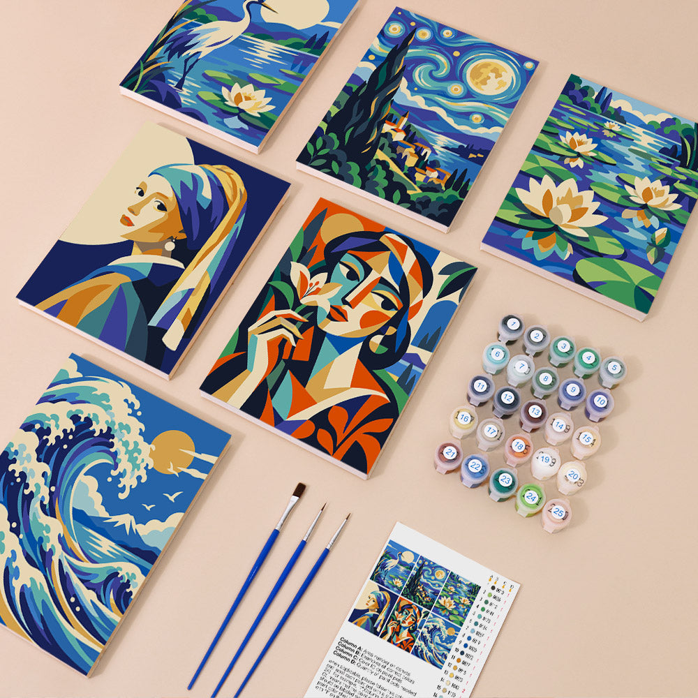 Masterpiece Remix mini paint by numbers kit with six numbered canvases, acrylic paints, brushes and layout