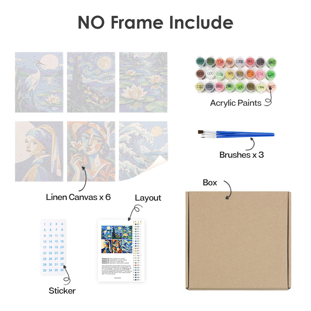 What's included without a frame: six rolled Masterpiece Remix mini canvases, acrylic paints, three brushes and layout